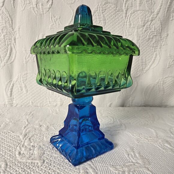 Jeannette Crystal Pedestal Wedding Box Ombre Blue Green Art Deco Mid Century - Picture 1 of 7